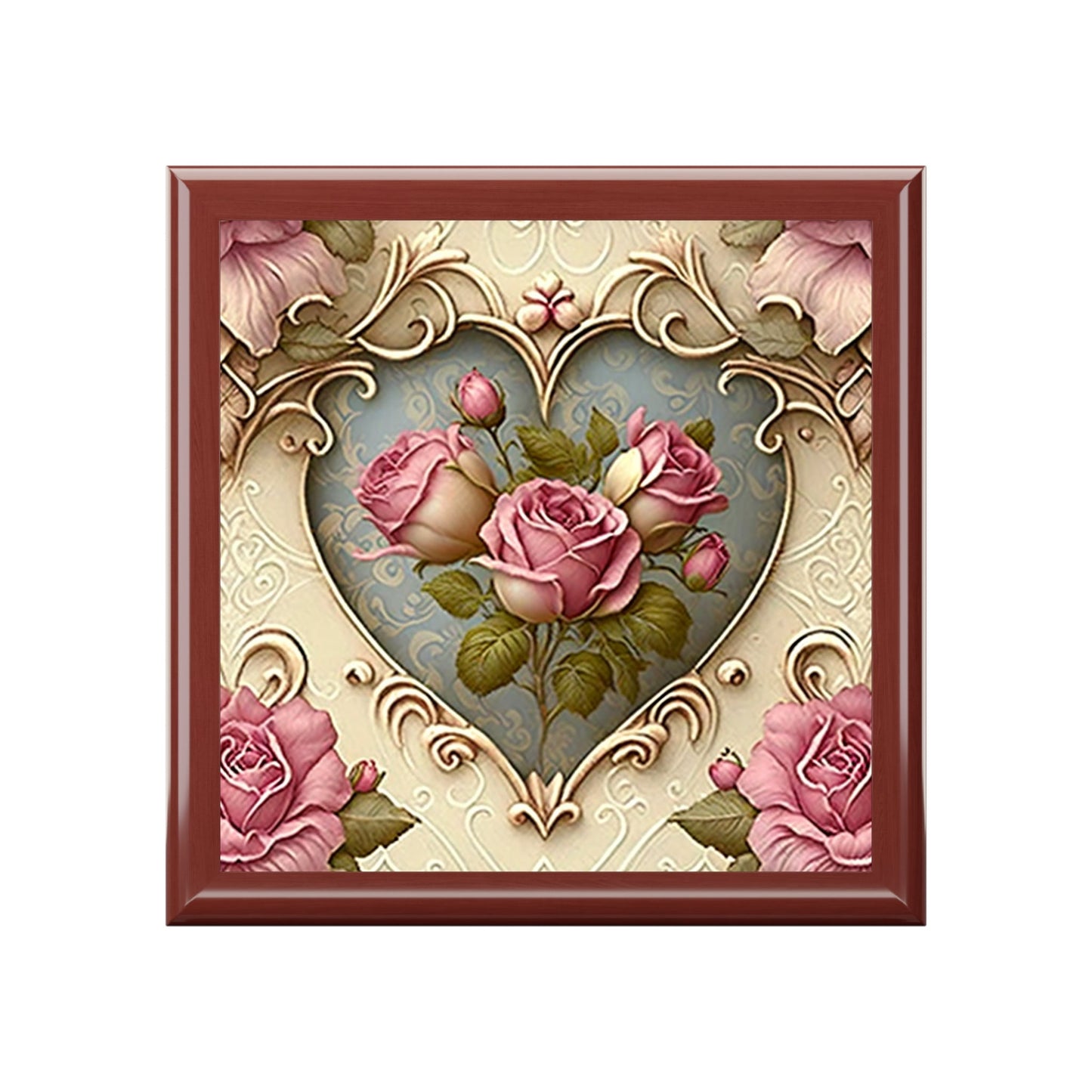 Vintage Pink Victorian Roses Wood Keepsake Jewelry Box with Ceramic Tile Cover