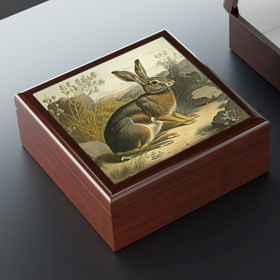 Vintage Rabbit Wooden Keepsake Jewelry Box with Ceramic Tile Cover