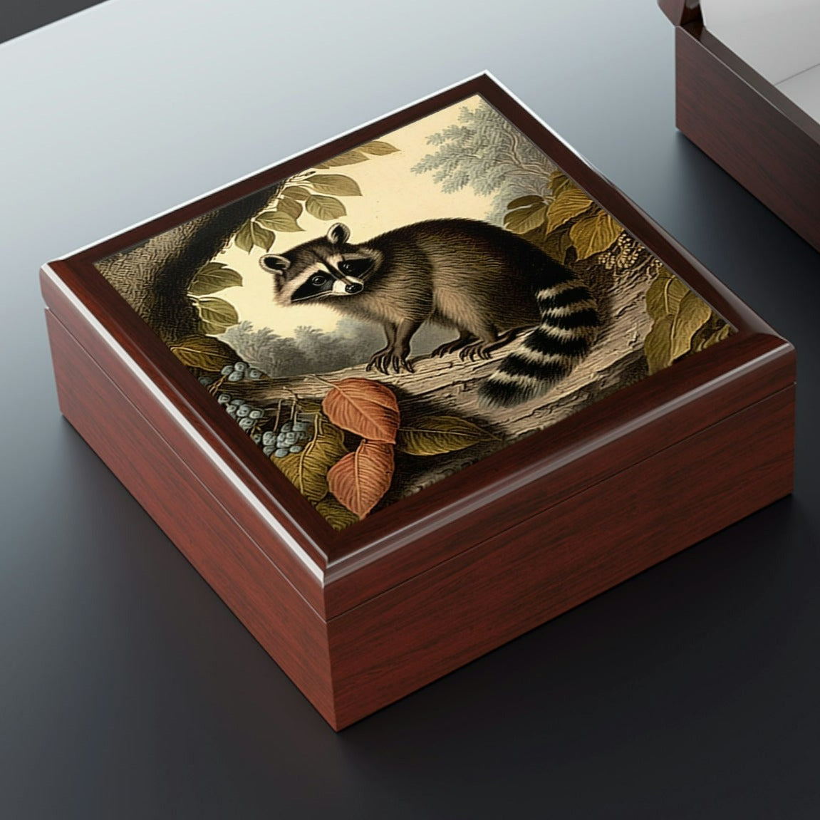 Vintage Raccoon Wooden Keepsake Jewelry Box