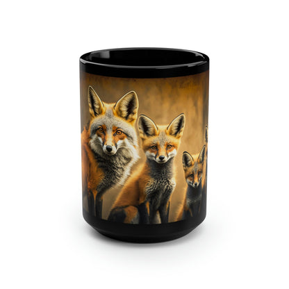 Vintage Red Fox Family - Black 15 oz Blck Coffee Mug