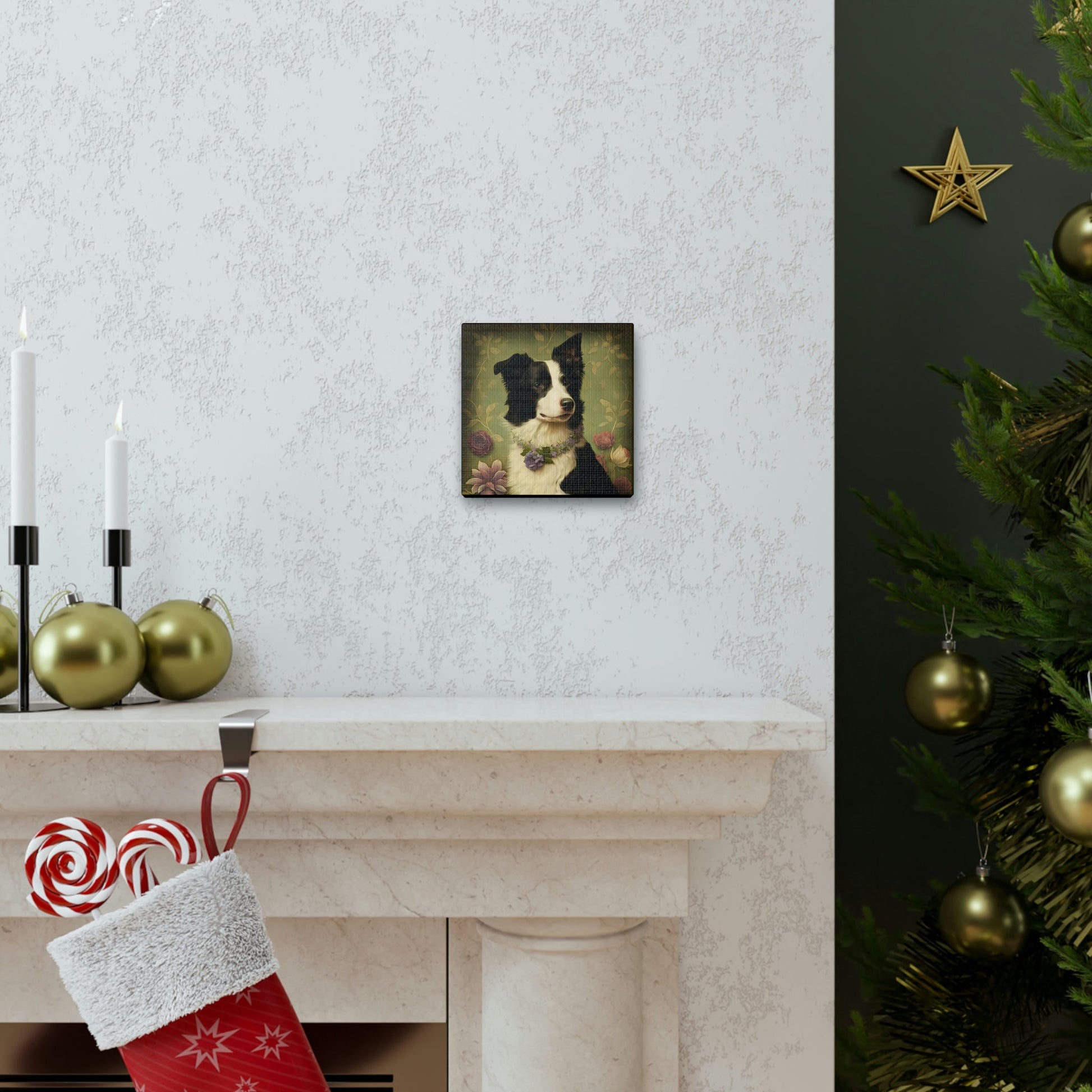 Vintage Victorian Border Collie with Floral Background Frame Canvas Gallery Wraps