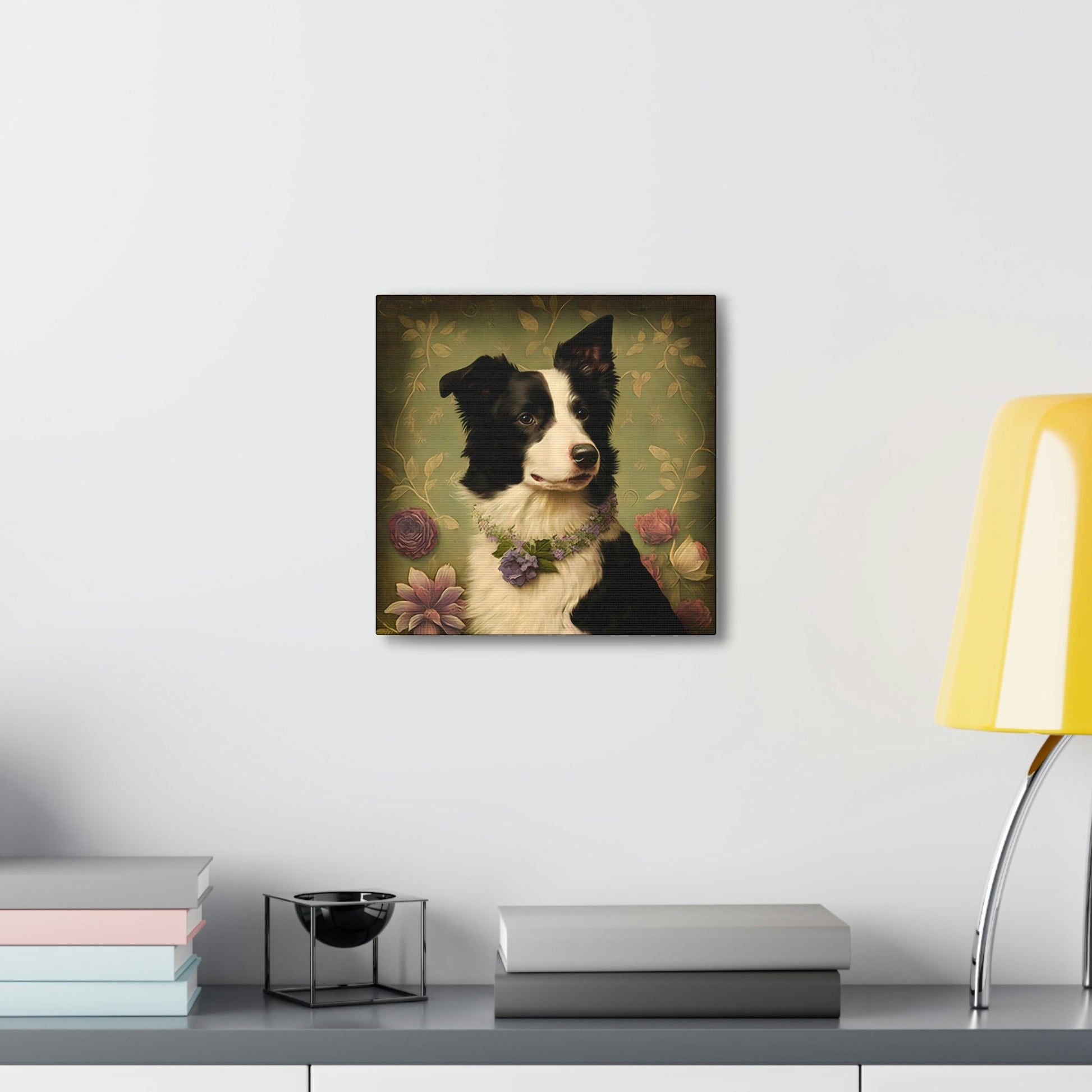Vintage Victorian Border Collie with Floral Background Frame Canvas Gallery Wraps