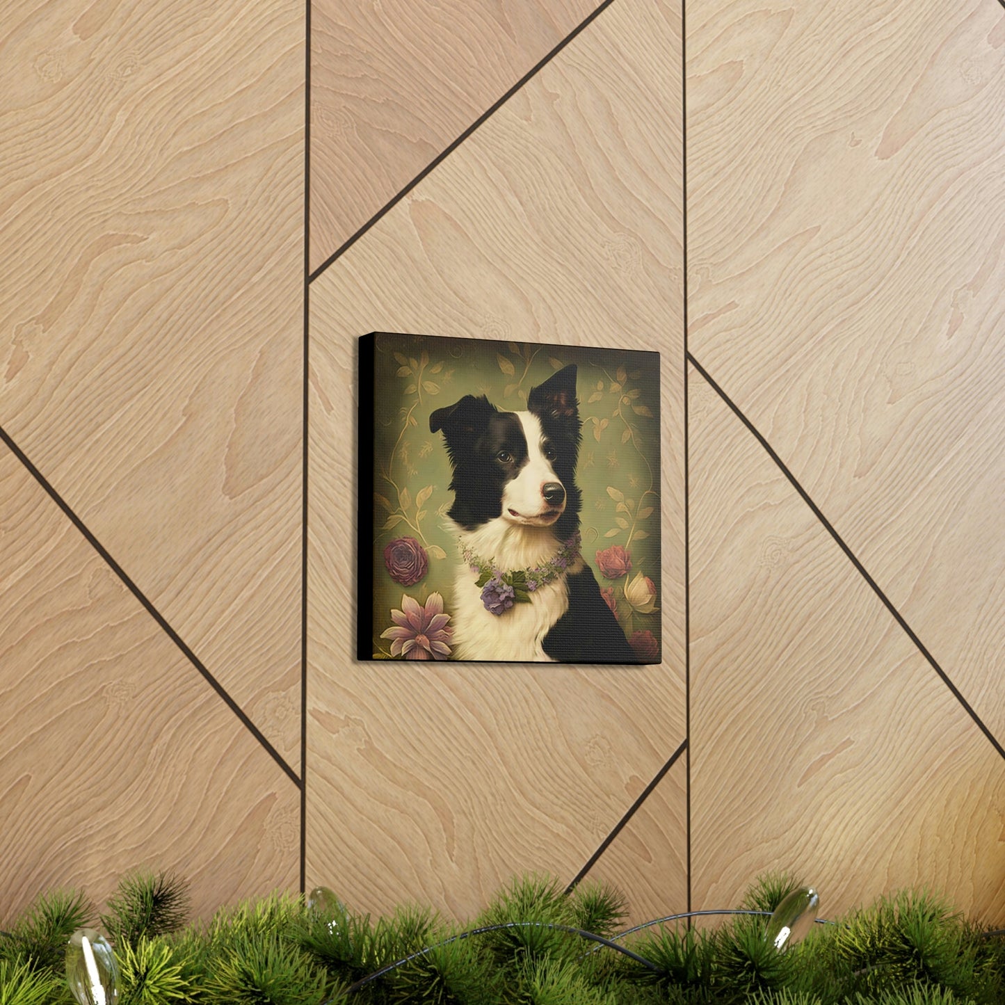 Vintage Victorian Border Collie with Floral Background Frame Canvas Gallery Wraps