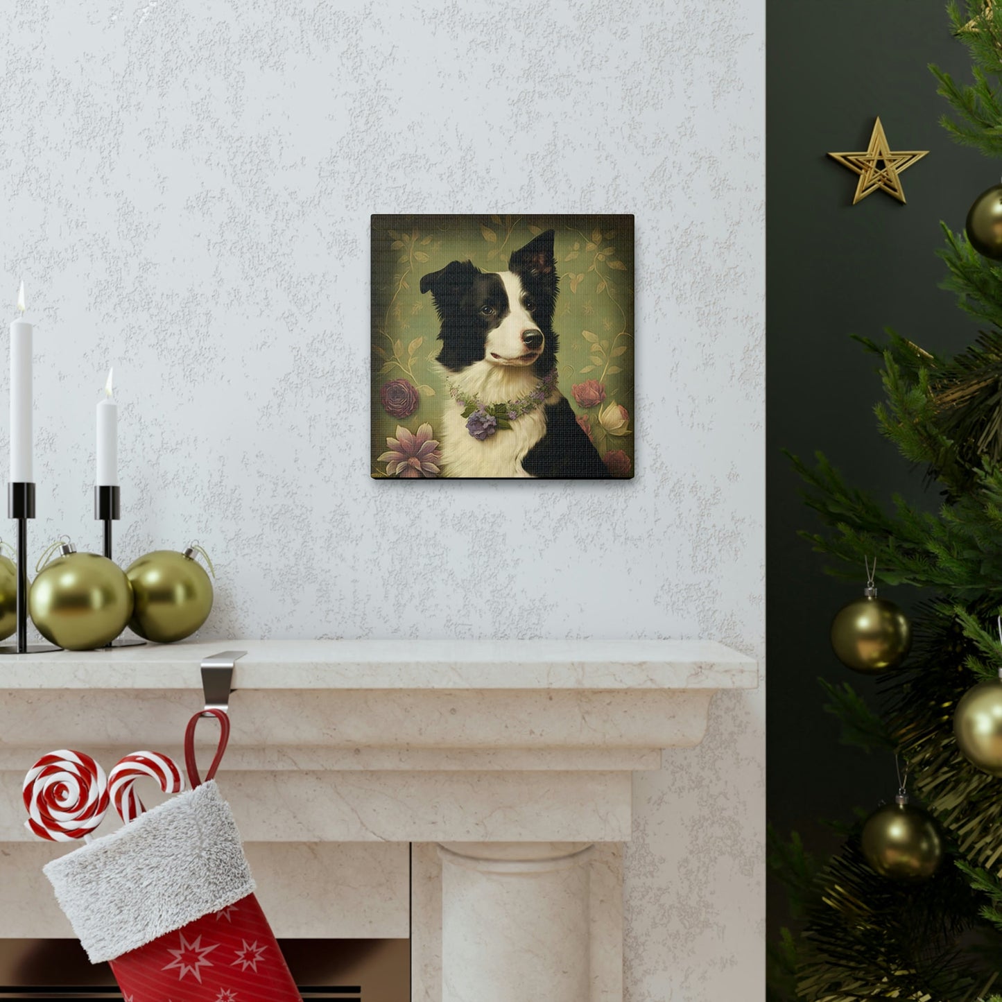 Vintage Victorian Border Collie with Floral Background Frame Canvas Gallery Wraps