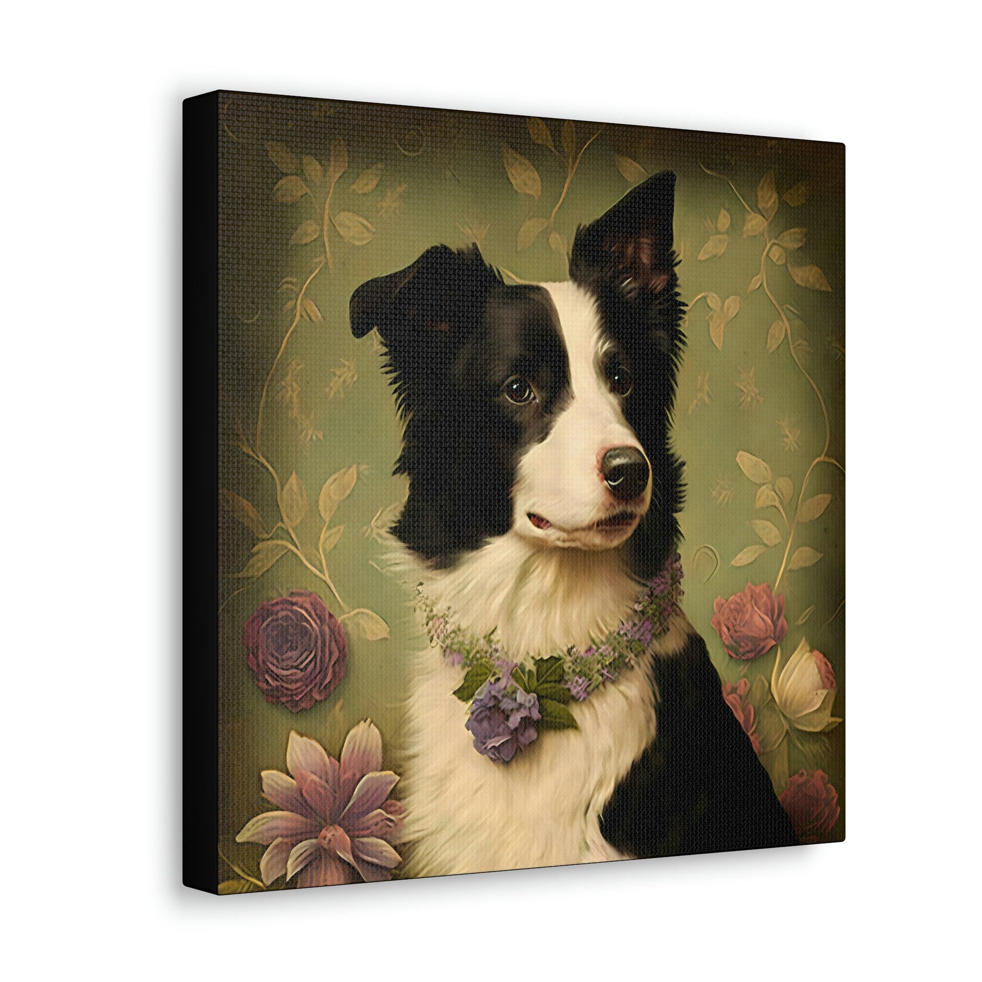 Vintage Victorian Border Collie with Floral Background Frame Canvas Gallery Wraps