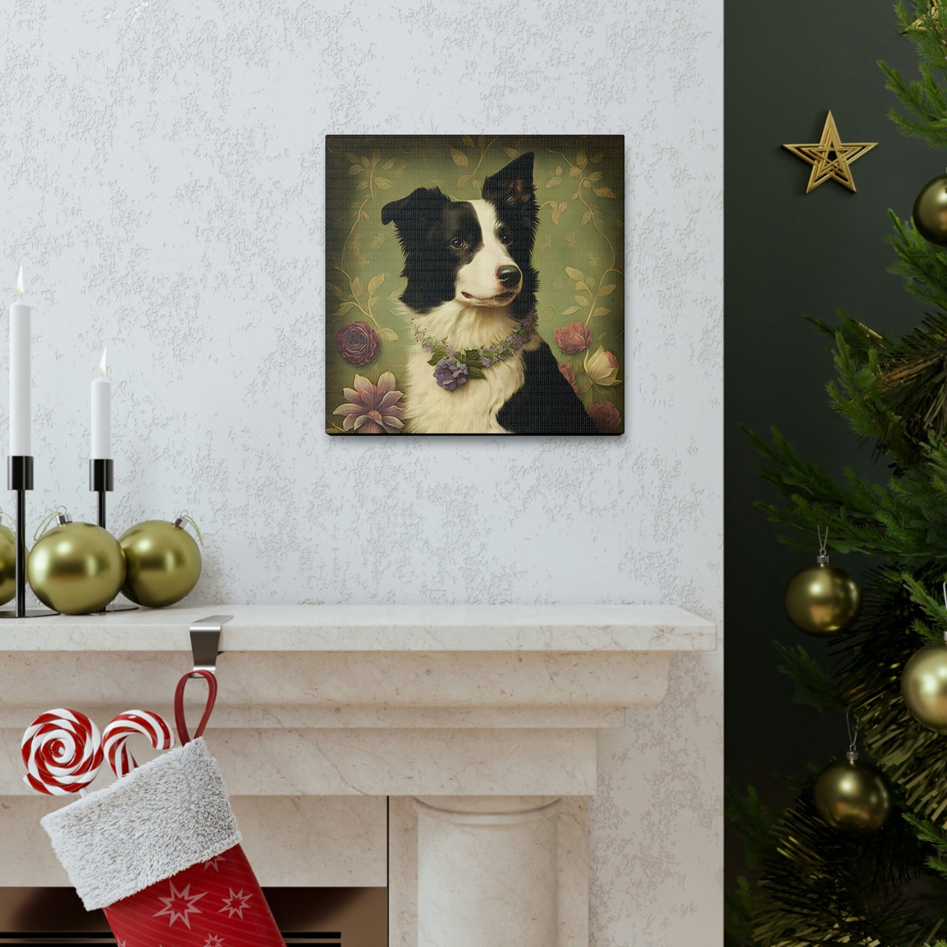 Vintage Victorian Border Collie with Floral Background Frame Canvas Gallery Wraps