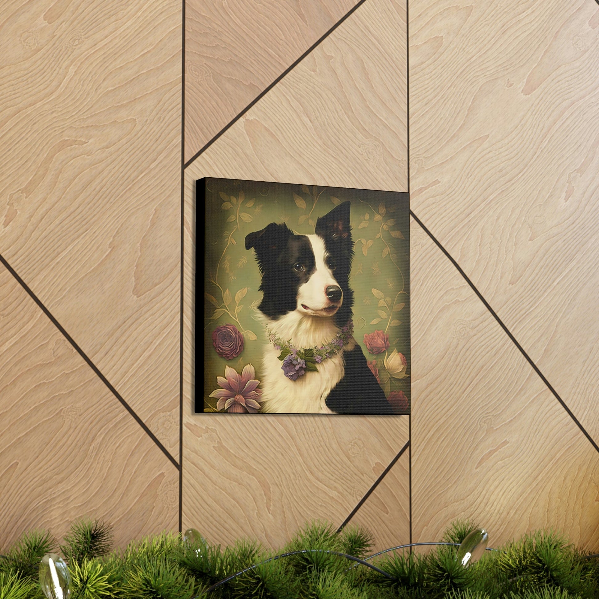Vintage Victorian Border Collie with Floral Background Frame Canvas Gallery Wraps