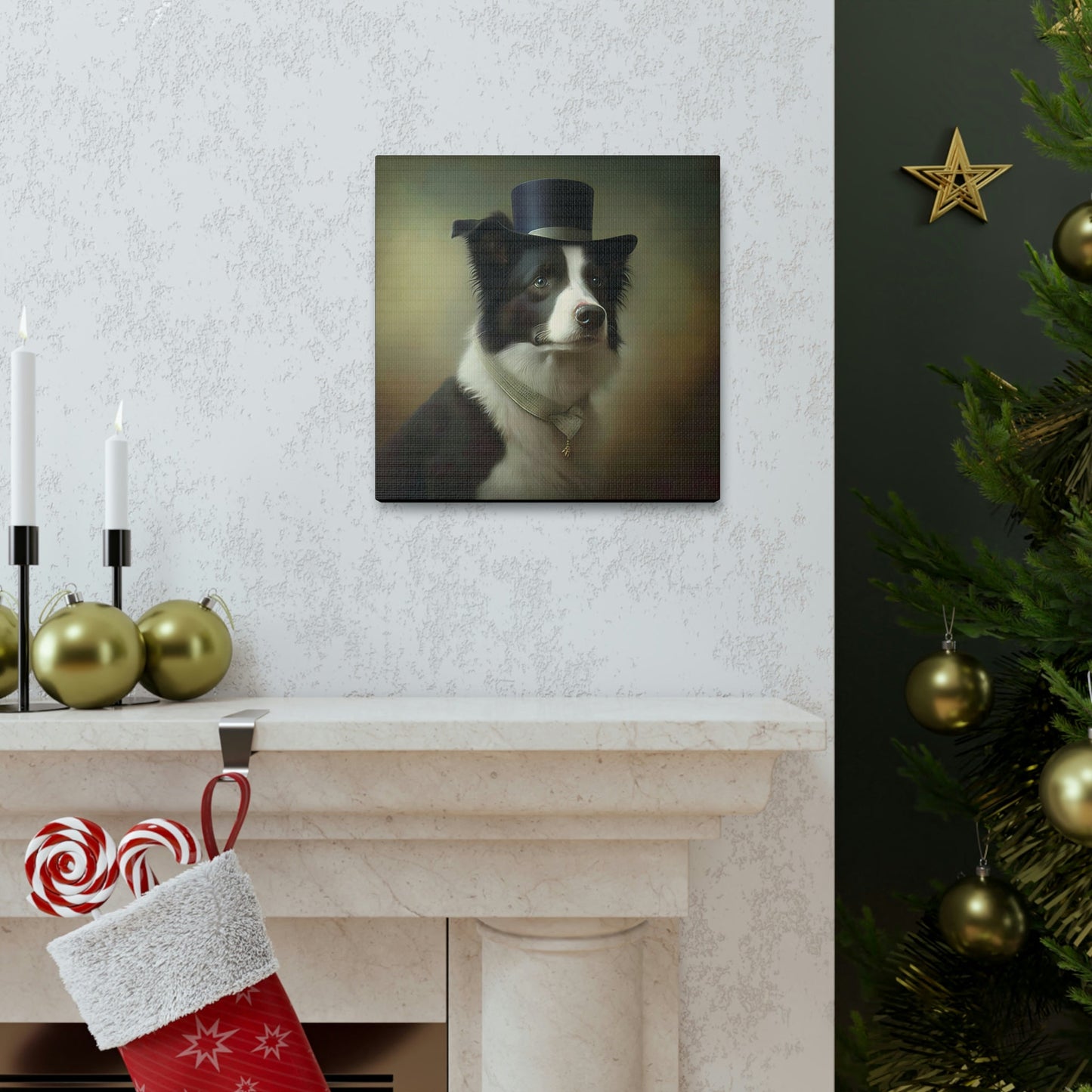 Vintage Victorian Border Collie with Tophat Portrait Frame Canvas Gallery Wraps