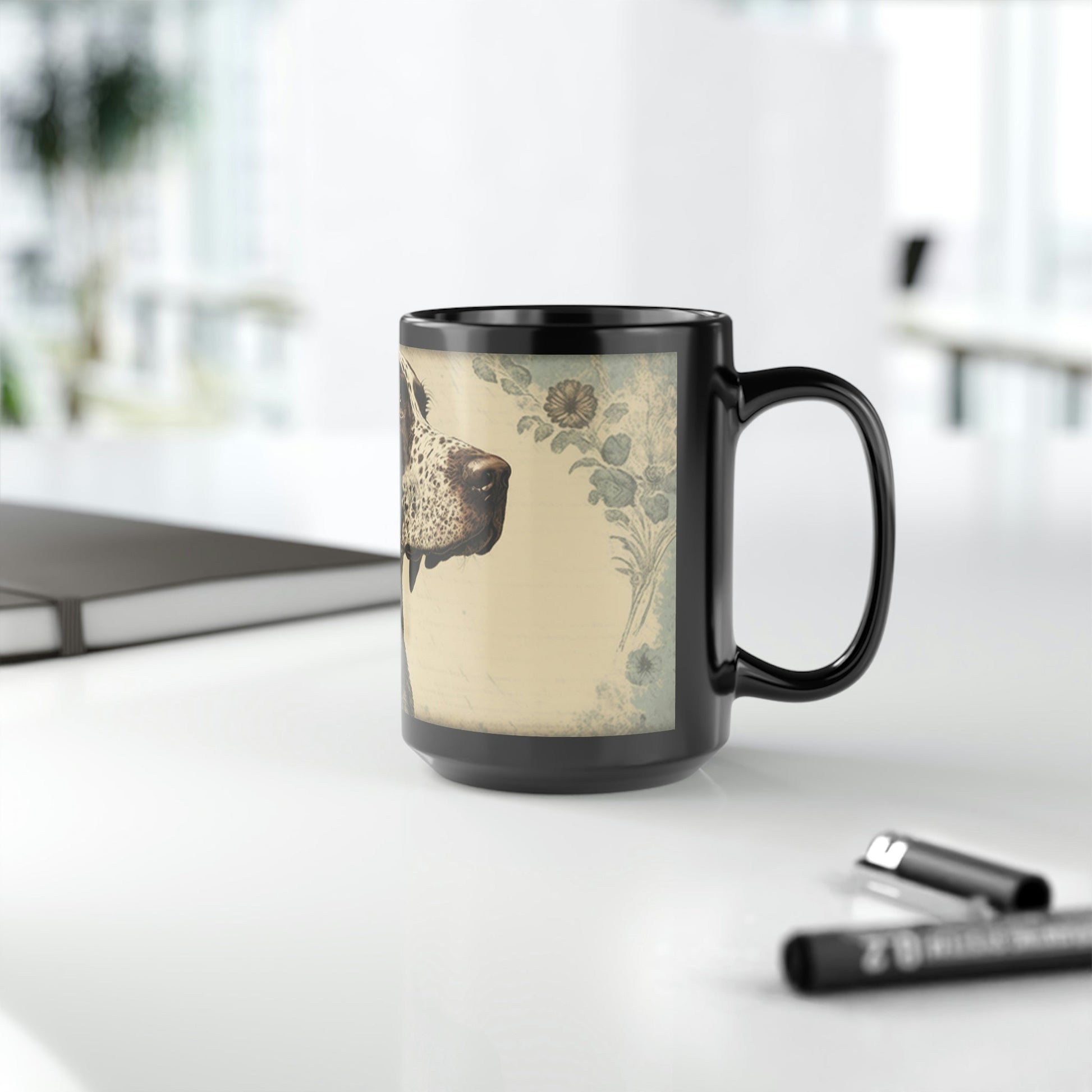 Vintage Victorian German Shorthaired Pointer Floral Portrait - 15 oz Coffee Mug