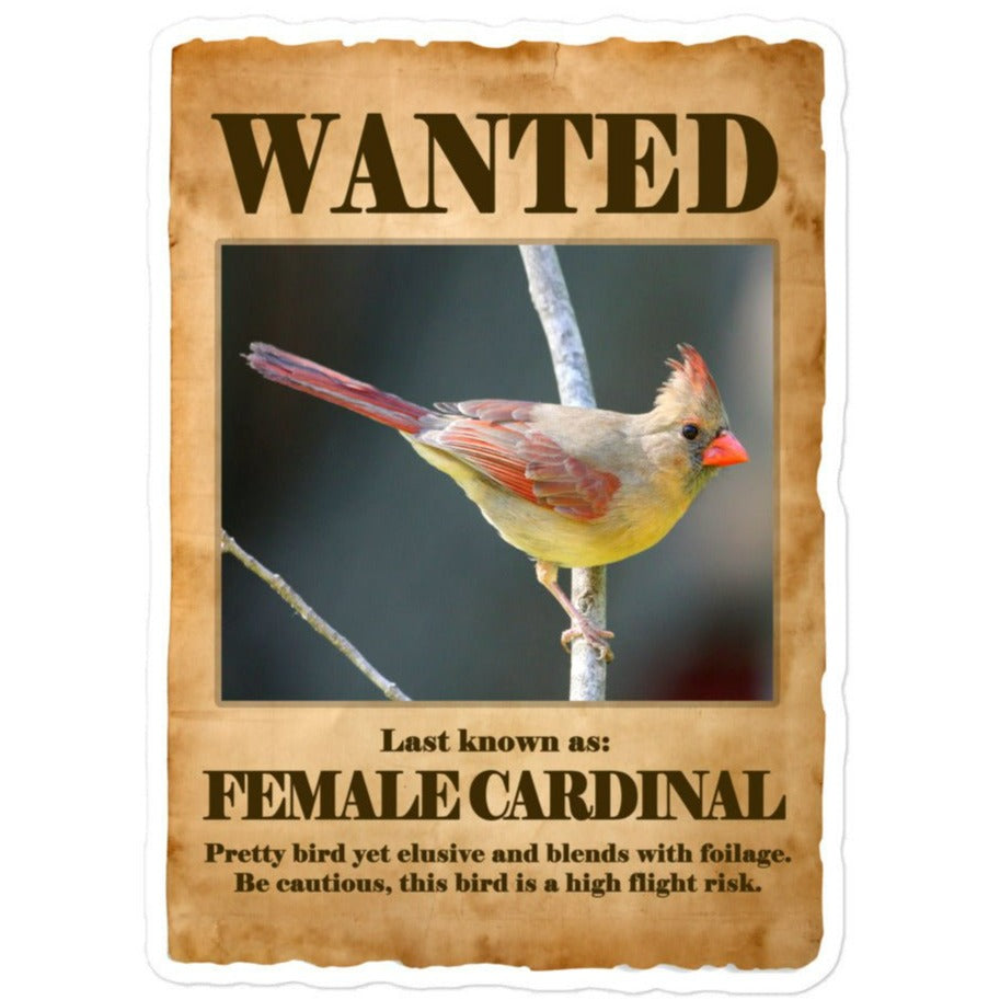 Wanted: Female Cardinal Bubble-Free Stickers