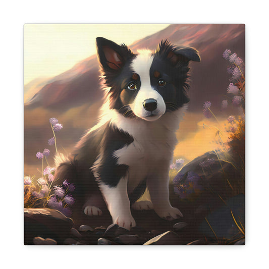 Watercolor Border Collie Puppie in Mountain Meadow Canvas Gallery Wraps