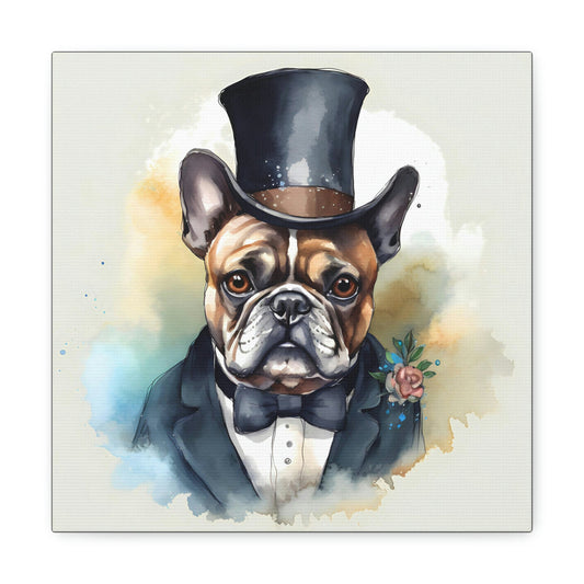 Watercolor Vintage Victorian Portrait of Gentleman French Bulldog Canvas Gallery Wraps