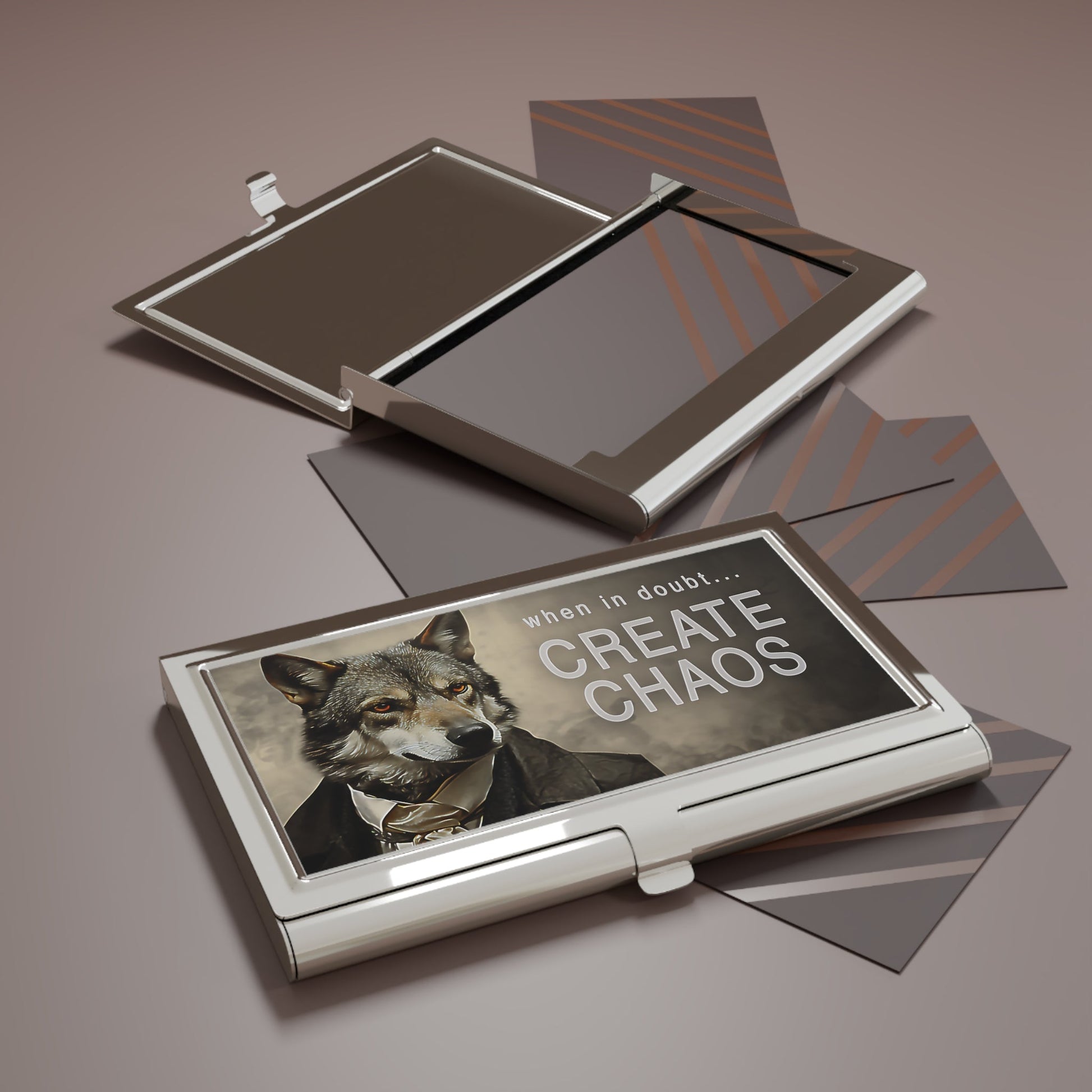 When in Doubt... Create Chaos Wolf Businessman Quote Business Card Holder