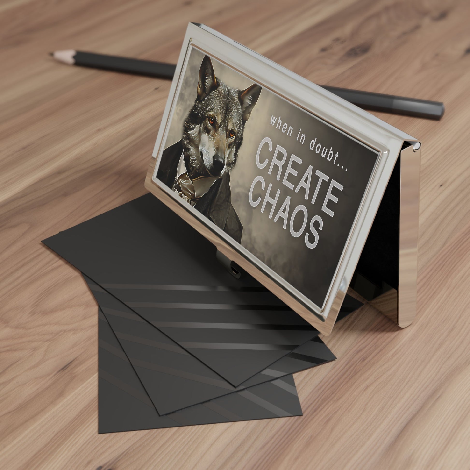 When in Doubt... Create Chaos Wolf Businessman Quote Business Card Holder