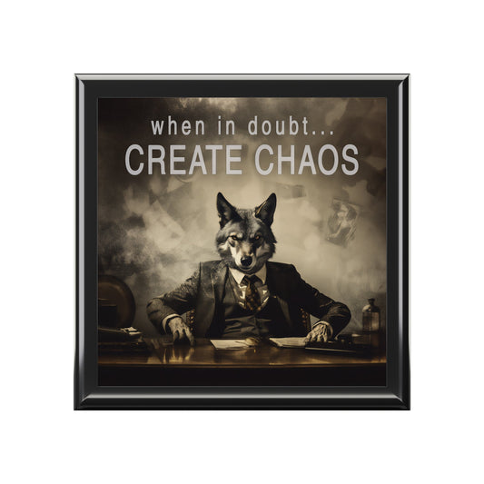 When in Doubt... Create Chaos Wolf Businessman Quote Jewelry Keepsake Trinkets Box