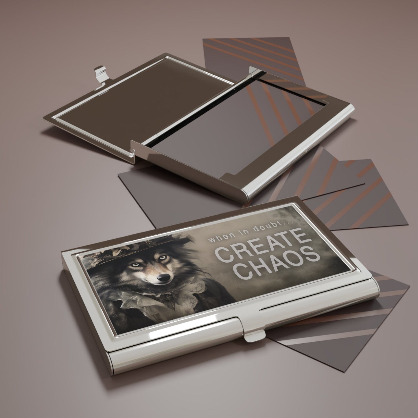 When in Doubt... Create Chaos Wolf Businesswoman Quote Business Card Holder