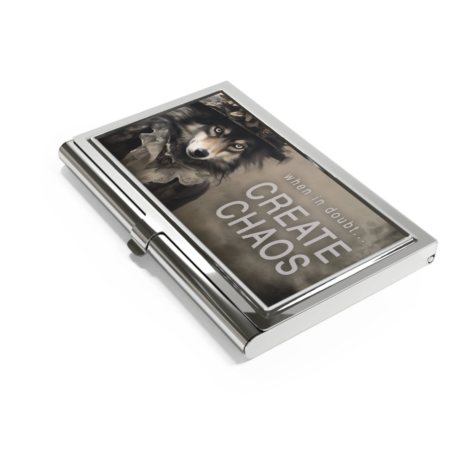 When in Doubt... Create Chaos Wolf Businesswoman Quote Business Card Holder