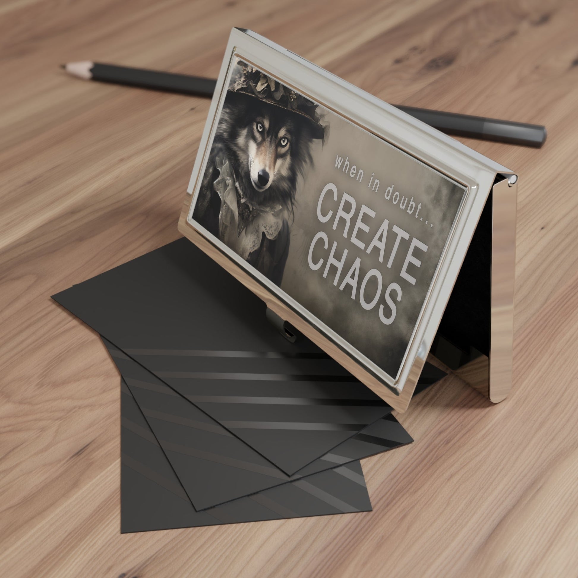 When in Doubt... Create Chaos Wolf Businesswoman Quote Business Card Holder