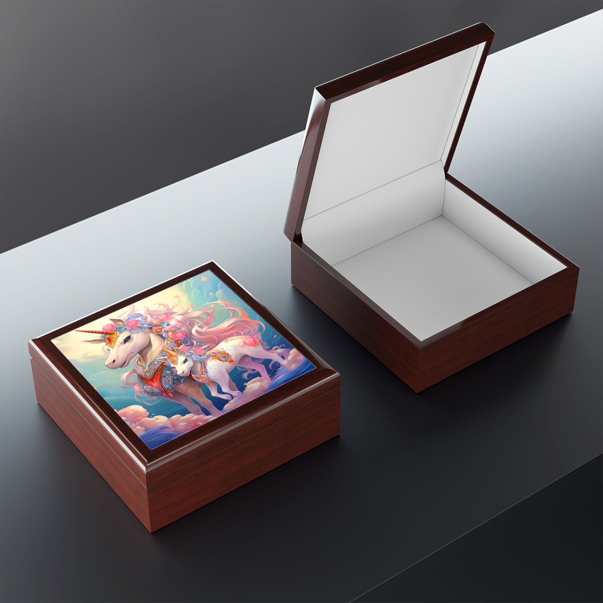 Whimsical Anime Unicorn with Baby Jewelry Gift Box