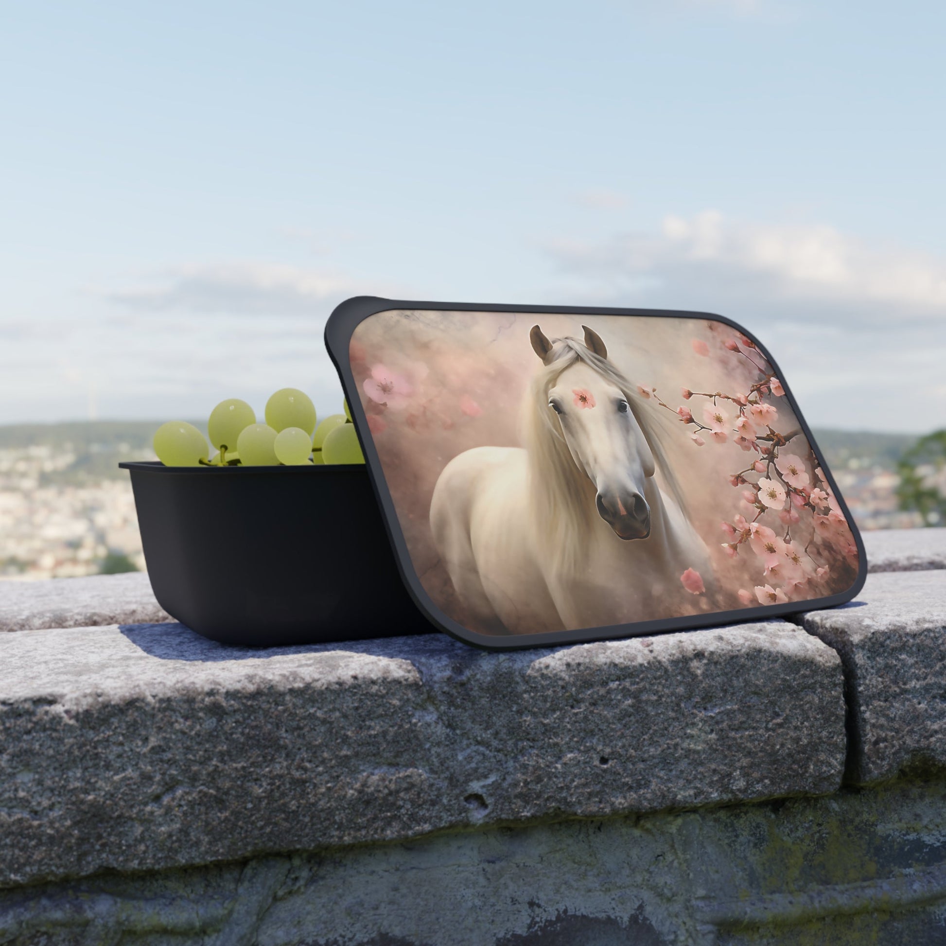 White Horse Named Cherry Blossom | PLA Bento Box with Band and Utensils