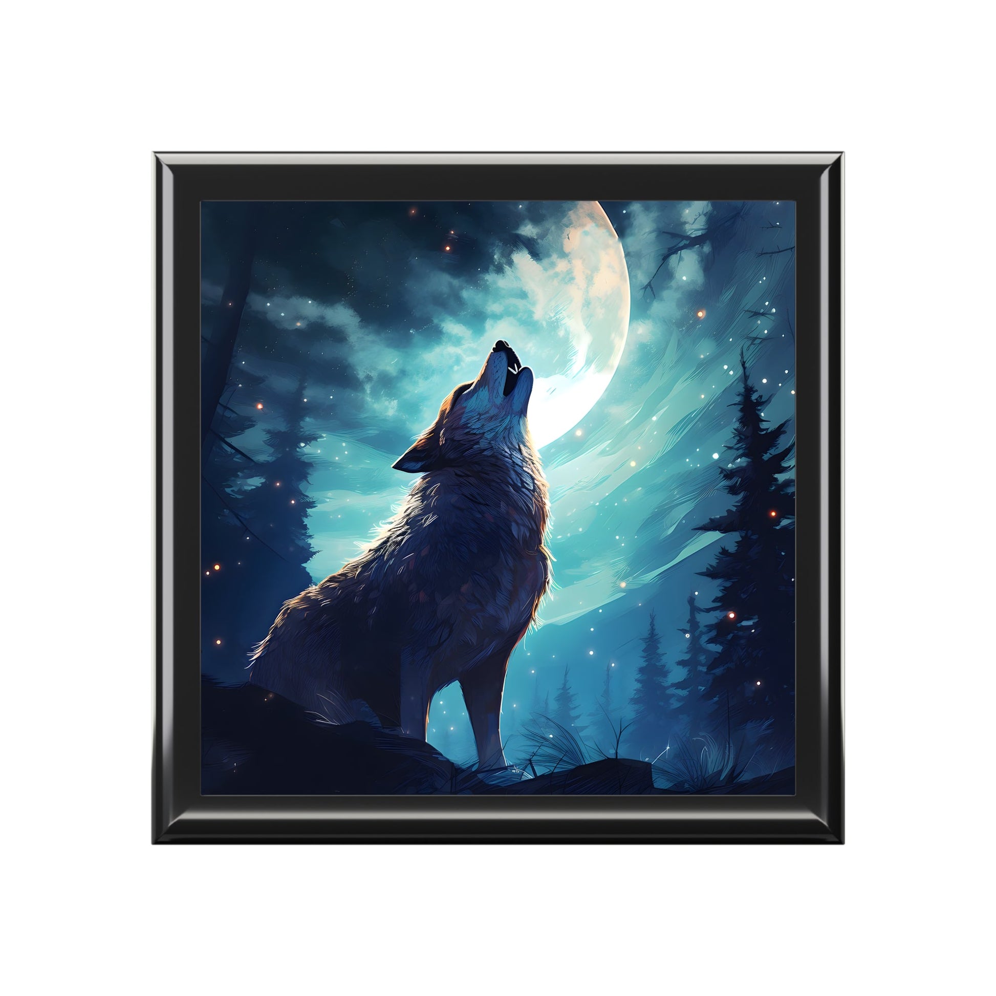 Wolf Howling on a Full Moon Night Art Print Gift and Jewelry Box