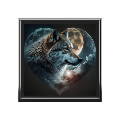 Wolf Moon Heart Wood Keepsake Jewelry Box with Ceramic Tile Cover