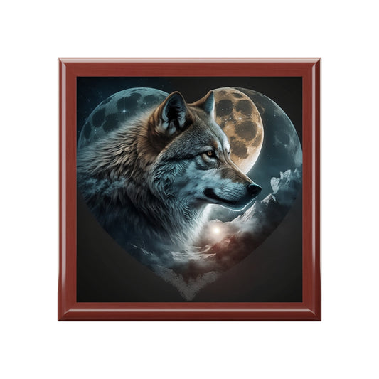 Wolf Moon Heart Wood Keepsake Jewelry Box with Ceramic Tile Cover